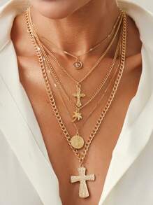 4 pezzi set di collane multistrato con pendente geometrico rotondo in metallo vintage, collana con ciondolo a croce di Gesù in stile punk per donna