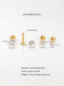 1piece 16G Tiny Gold Cubic Zirconia Threaded Labret, Hypoallergenic 925 Sterling Silver Earring, Cartilage Helix Piercing Fine Jewelry, Flat Back Earring,Cartilage Tragus Helix Stud, Nose Stud, Small Stud, For Women Man Girls Daily's Wear(Sold As 1 Piece) - Round Four-claw Zirconia Flat Earrings - View 5