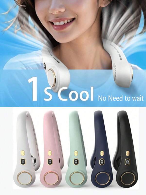 Portable Rechargeable Handheld Fan, Travel Fan With Hanging Strap, Hands-Free Standing Desktop Fan, 1500mAh Battery, 5 Speeds, LED Display, 90° Foldable For Camping, Outdoor, Home, Office