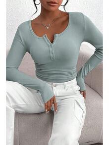 Women's 2026 Fall Long Sleeve Henley T Shirts Button Ribbed Knit Slim Fit Basic Tops Blouse Casual Outfits/Vacation Outfits Women/Valentine Outfits For Women - 湖藍色 - 查看 5