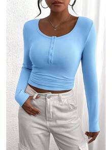 Women's 2026 Fall Long Sleeve Henley T Shirts Button Ribbed Knit Slim Fit Basic Tops Blouse Casual Outfits/Vacation Outfits Women/Valentine Outfits For Women - 淺藍色 - 查看 4