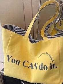 双面条纹帆布托特包女士大容量通勤包简约休闲百搭黄色单肩包 - 黑色 - 查看 5