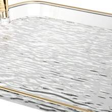 30cm/35cm/40cm Gold Thickened Transparent PET Rectangular Serving Tray With Handles, Glacier Pattern, Plastic Tableware Holder For Tea Cups And Water Glasses, Gold Rim