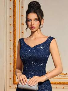 MIUSOL Đầm dạ hội dài ôm sát cổ trái tim đính sequin ren lưới viền đuôi cá sang trọng trang trọng dự tiệc cưới, dự tiệc tốt nghiệp, tiệc tối - Màu xanh hải quân - Xem 8