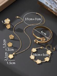 1 件经典优雅奢华金色幸运四叶草吊坠项链、1 对耳环、1 枚戒指、1 条手链、1 个手镯女士黄金首饰套装（无礼品盒） - 金黃色 - 查看 6