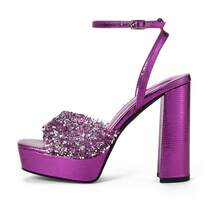 Women 4IN Rhinstone Square Toe Platform Strappy Chunky Block Dressy Heeled Sandals Sparkly Lizard Pattern Leather Heels For Evening Prom - Purple - View 3