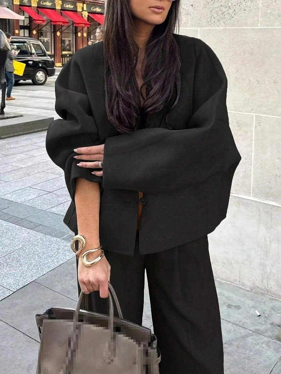 Women's Casual Solid Color Jacket, Versatile For Daily Wear, Autumn/Winter - Black - View 1