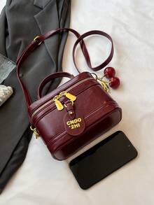 优雅时尚纯色PU皮革便携方包，迷你PU包，防水酒红色布袋，字母图案装饰设计盒包，适合旅行、购物、聚会、通勤，时尚酒红色包包，新年必备 - 酒紅色 - 查看 5