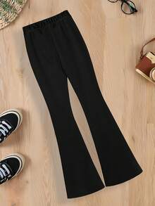 女童秋冬创意印花弹力喇叭裤，儿童心形印花长裤，优雅可爱的喇叭裤，适合幼儿和小女孩 - 黑色 - 查看 4