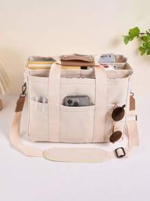 1pc Fashionable Large Capacity Canvas Tote Bag - Black! Zipper Closure + Multiple Side Pockets Design, Durable Shoulder Strap, Super Spacious, Easily Meets College Students' Needs For Carrying Laptops And Books. Valentine's Day Gift, Back To School Gift, Get Ready In Advance! - Beige - View 8