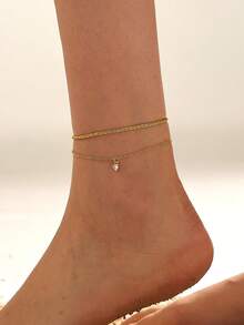 Nooxian 2 件套闪亮、飘逸的白色心形锆石和链条脚链套装，适合女士 - 金黃色 - 查看 6