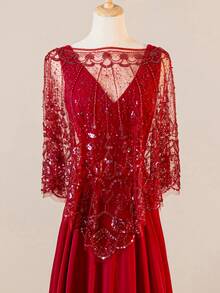 雪纺 V 领无袖连衣裙配蕾丝披肩，圣诞晚礼服配免费披肩 - 紅色 - 查看 4