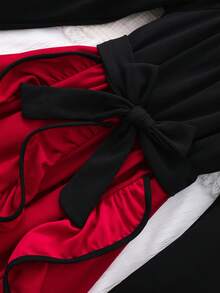 Autumn/Winter New Pearl Splice Contrast Color Wave Hem Long Sleeve Dress With Belt, Fashionable And Elegant, Elegant And Charming For Tween Girls - Red - View 8