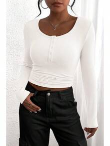 Women's 2025 Fall Long Sleeve Henley Shirts Button Ribbed Knit Casual Basic Tops Blouse - 白色 - 查看 3