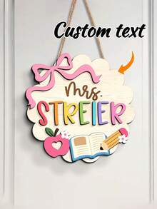 1pc Personalized Custom Text Round Wooden Classroom Door Sign,Custom Teacher Name Welcome Wall Hanging Plaque,2D Flat Pencil Apple School Door Hanger,Teacher'S Day Back To School Gift,Educators,Classroom Front Door Welcome Decorations - Apricot - View 1