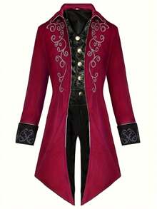 New Halloween Tailcoat Jacket, Medieval Vintage Punk Style Long Embroidered Coat For Men - Burgundy - View 2