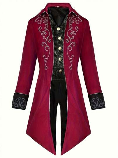 New Halloween Tailcoat Jacket, Medieval Vintage Punk Style Long Embroidered Coat For Men