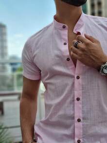 Men's Linen Priest Collar Shirt - Baby Pink - View 4