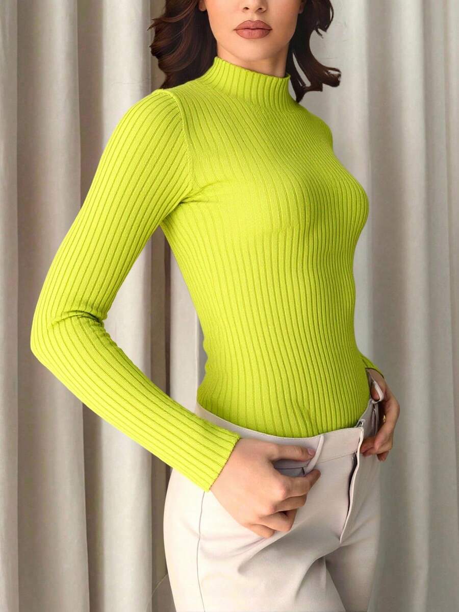 Top Tejido Punto Cuello Tortuga Beige Ajustado Cómodo Elegante Manga Larga Acanalado Básico Versátil Casual Chic Minimalista Otoño Invierno Moda Femenino Silueta Essential Wardrobe Trendy Clásico Formal Suave Camel - Verde Lima - Ver 1