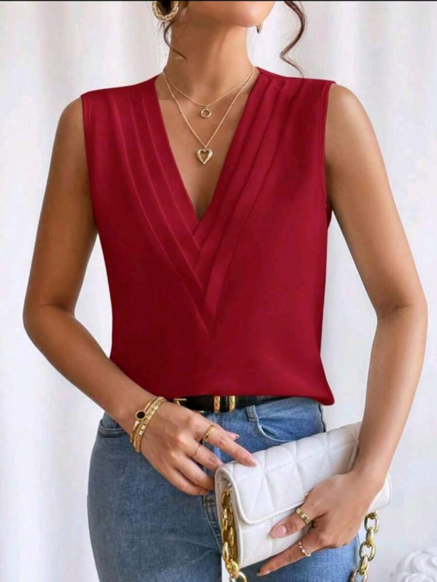 Women's Classic Sleeveless V-Neck Tank Top Simple Versatile And Elegant Simple Everyday V-Neck - Đỏ - Xem 1