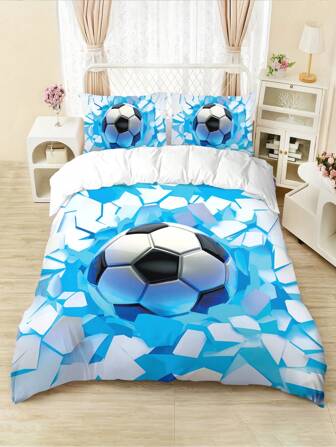 4pcs Ice Fire Blue Football Bedding Set, Cool Space Art Print Duvet Cover And Pillowcase Set, Soft And Smooth Zipper Design, Suitable For Guest Room, Bedroom, Single/Double Bed (Includes 1*Duvet Cover + 2*Pillowcase + 1*Flat Sheet, No Comforter And Pillow Insert)