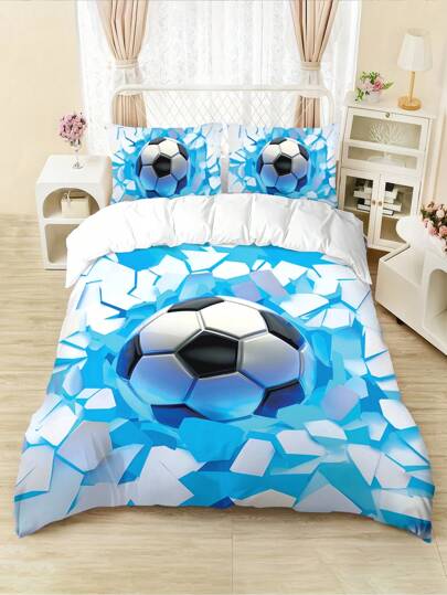 Conjunto de cama de futebol azul gelo fogo 4 peças, capa de edredom e fronha com estampa de arte espacial, design de zíper macio e suave, adequado para quarto de hóspedes, quarto, cama de solteiro/casal (inclui 1 capa de edredom + 2 fronhas + 1 lençol de cima, sem edredom e fronha)