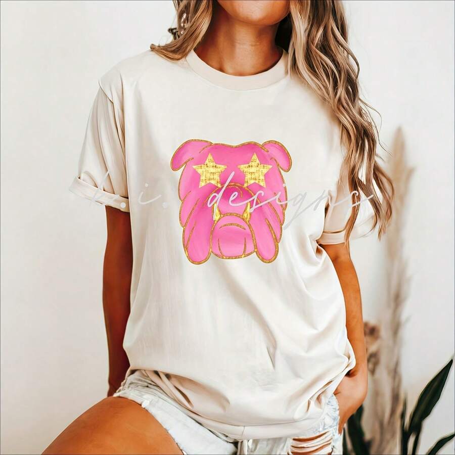 Mascotte, Mascotte D'école, Mascotte BCBG, Mascotte De Bouledogue, Mascotte Rose, Bouledogue Rose, Mascotte Dorée, Bouledogue Doré,, Téléchargement Numérique, DTF220G Heavyweight 100% Cotton T-Shirt. With Butterfly Print Pattern, Suitable For Girls And Wo's Short Sved Round Neck Inspirational Shirt, Cute Aesthetic Y2K Style Summer Top, Suitable For Outdoor, Family, Work Or Street Wear Casual Loose Daily T-Shirt - 白色 - 查看 1