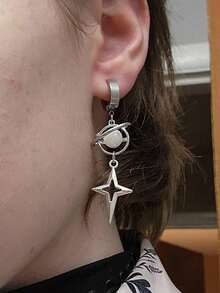 1Pair Gothic Punk Style Drop Earrings Four-Pointed Star Cross Simple Fashion Ear Stud Women Couple Rock Ear Piercing Jewelry - 耳環 - 查看 2