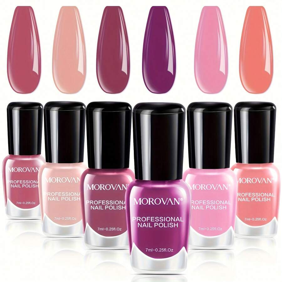 Morovan 6pcs Nail Polish Set, No Bake Quick Drying Durable Nail Polish, Suitable For Salon DIY, Purple Brown Magic Color Nail Polish Set, Durable Nail And Toenail Polish For Women And Young Girls. - 乾枯玫瑰色 - 查看 1