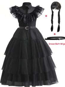 Girls' Party Cap Sleeve Black Long Dress With Belt And Wig, Cosplay Costume For Halloween Party - Black - View 1