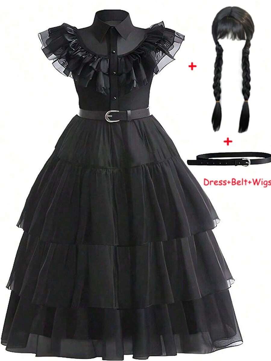 Girls' Party Cap Sleeve Black Long Dress With Belt And Wig, Cosplay Costume For Halloween Party - Black - View 1