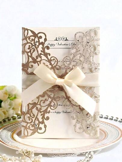 20 piezas Invitaciones de boda con diseño de rosa hueca dorada con brillo, con sobres y tarjetas RSVP, con cintas anudadas previamente, para boda, despedida de soltera, fiesta de compromiso, aniversario, mejor regalo