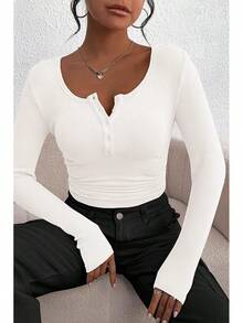 Women's 2025 Fall Long Sleeve Henley Shirts Button Ribbed Knit Casual Basic Tops Blouse - 白色 - 查看 6