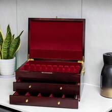 Wooden Silverware Chest without Silverware Threelayer Silverware Box Storage for Silver Silverware Case with Handle and Felt Lined Flatware Chest for 12 or 16 or more sets of Utensils - ブラウン - チェックする 4
