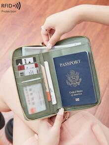 复古护照夹，带 RFlDBlocking 和高品质设计 - 轻便旅行！文件整理器，紧凑拉链开合！多个隔层，时尚纯色，适合旅行和日常使用，护照旅行钱包 - 綠色 - 查看 7