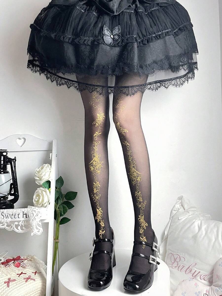 1件薄款洛丽塔Y2K金属印花连裤袜，春夏款 - 黑色 - 查看 1