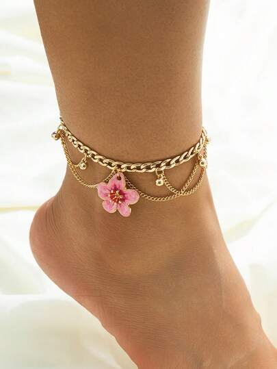 1pc Handmade Gradient Tie Dye Tassel Decor Plumeria Pendant Anklet, Vacation Style For Women