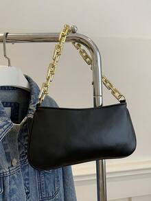 Black Shiny Patent Leather Chain Underarm Bag - Black - View 9
