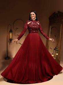 Đầm chiffon xếp ly sang trọng, thanh lịch dành cho nữ, đính sequin và ren, thiết kế cao cấp, thích hợp cho các dịp trang trọng, tiệc tùng, đám cưới, ngày Valentine mùa xuân. - Màu Đỏ Sâu - Xem 3