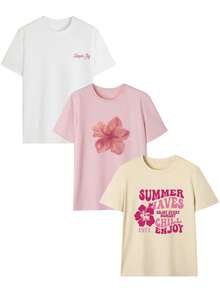 3件套夏季新款简约时尚可爱碎花圆领短袖T恤，百搭日常休闲女装粉色 - 粉色 - 查看 4