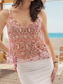 Women's Sequin Slim Camisole Spaghetti Strap V-Neck Slim Fit Cropped Tank Tops Streetwear - Nhiều màu - Xem 5