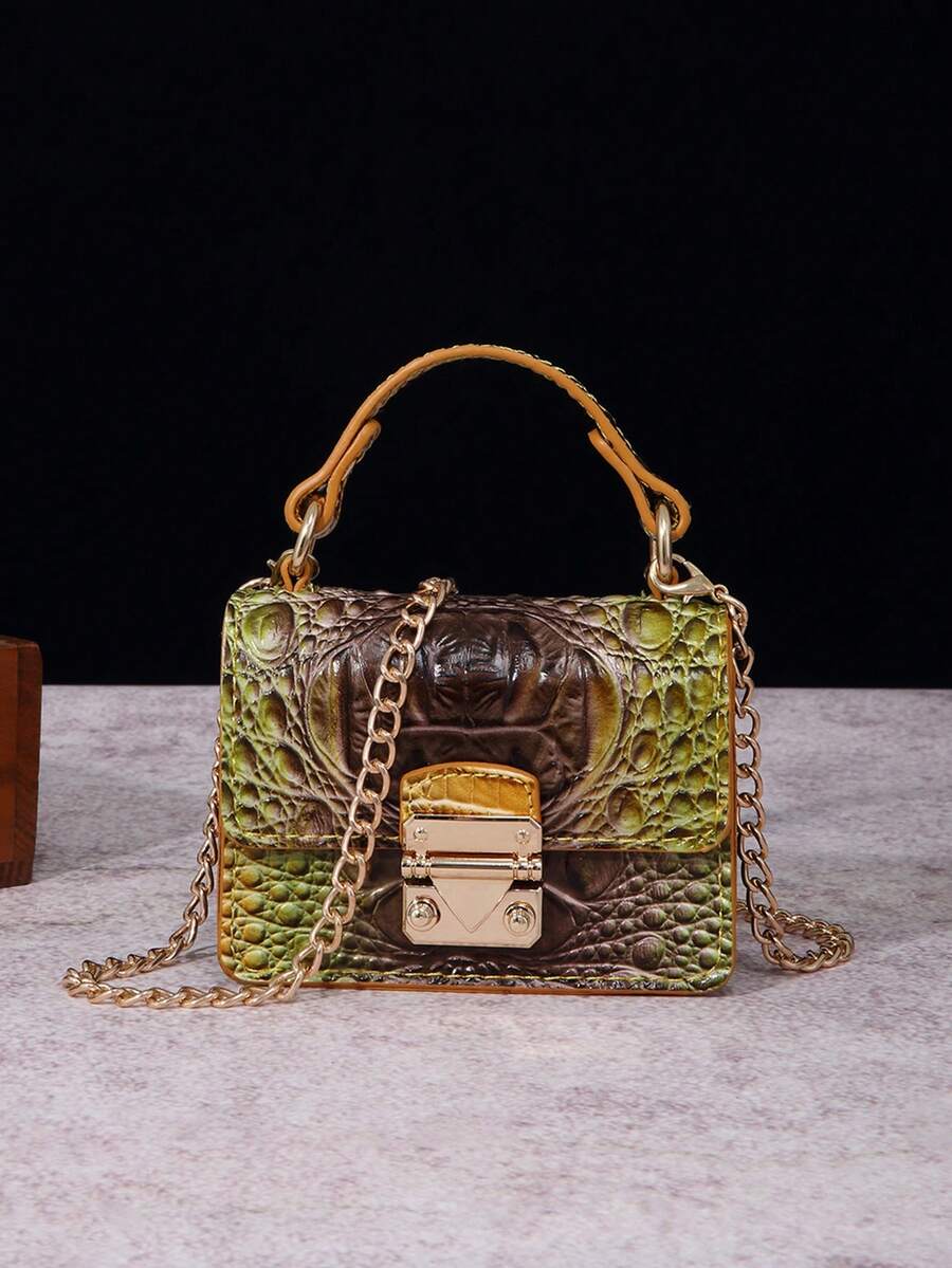 Crocodile - Embossed Mini Top - Handle Bag: Chain Strap, Dual - Compartment Design For Chic Daily Looks - Goldfish Brown - View 1