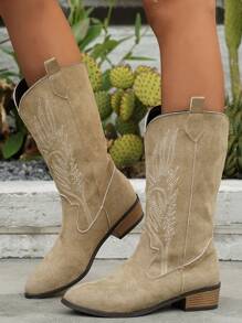 2025 秋冬新款女式刺绣卡其色西部靴，仿麂皮面料高跟粗跟及膝靴，户外休闲时尚正装靴，牛仔靴
