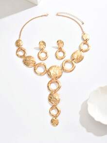 2件套时尚创意新款个性夸张不对称几何欧美时尚优雅百搭流苏Y形吊坠项链套装 - 金黃色 - 查看 3
