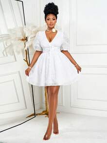 BIUBIU 女式加大码白色甜美优雅孔眼刺绣泡泡袖深V领褶饰腰部迷你连衣裙时尚派对短裙