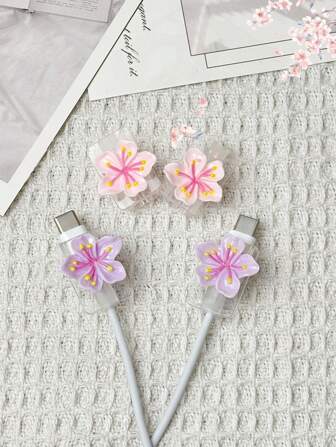 2pcs Cherry Blossom Data Cable Protector, Mobile Phone Accessories, Anti-Bending Charging Cable Protector, Mobile Phone Charging Cable Connector Protective Gear Charger Accessories