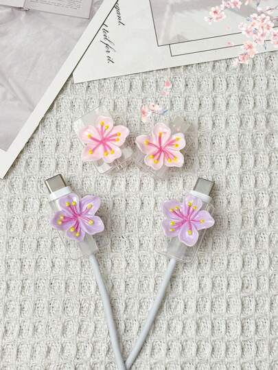 2pcs Cherry Blossom Data Cable Protector, Mobile Phone Accessories, Anti-Bending Charging Cable Protector, Mobile Phone Charging Cable Connector Protective Gear Charger Accessories