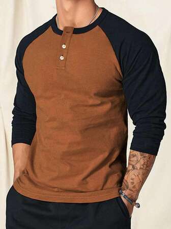 Camiseta casual deportiva para hombres con mangas raglán, bloqueo de color y media cartera con botones