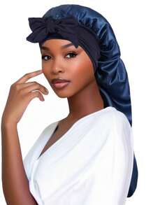 1pc New Long Taffeta Sleeping Cap, Women's Fashion Hair Care Hat, Bowknot Headband Beanie