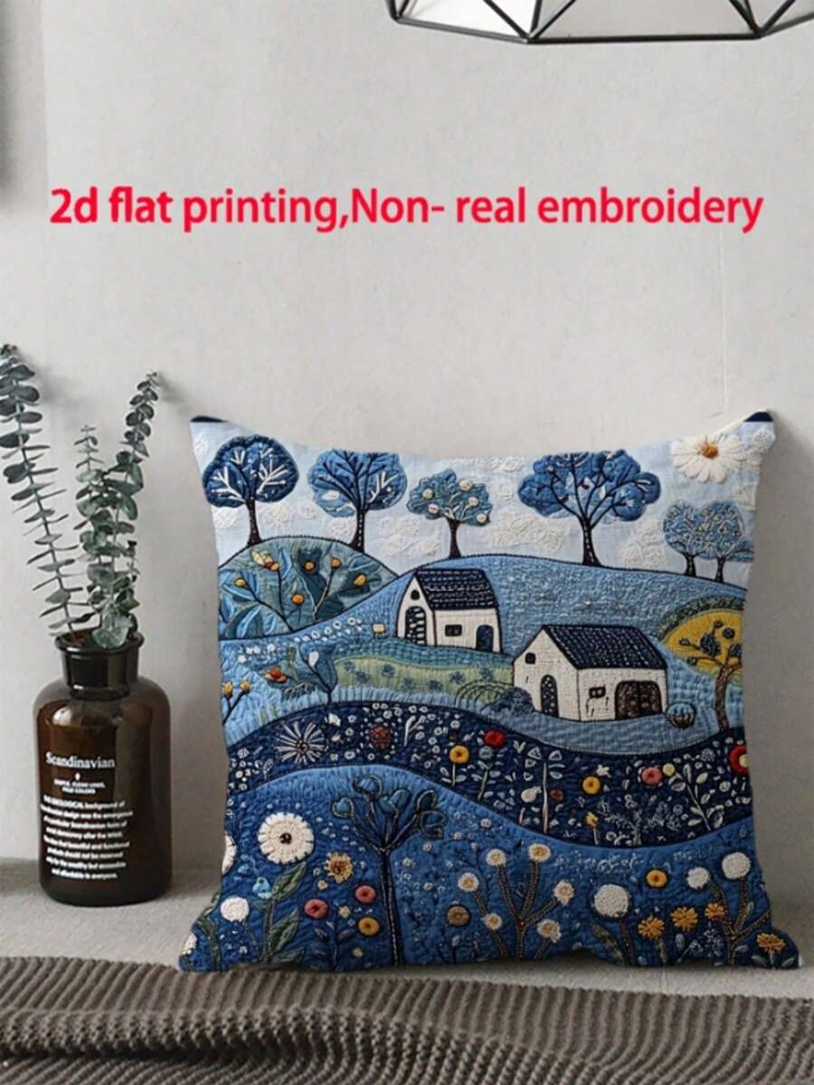 1 件复古达拉纳农场蓝色抱枕套，18 英寸 X 18 英寸，柔软毛绒，单面印花，拉链式，可机洗，适合各种房间风格，装饰性靠垫套 - 无刺绣